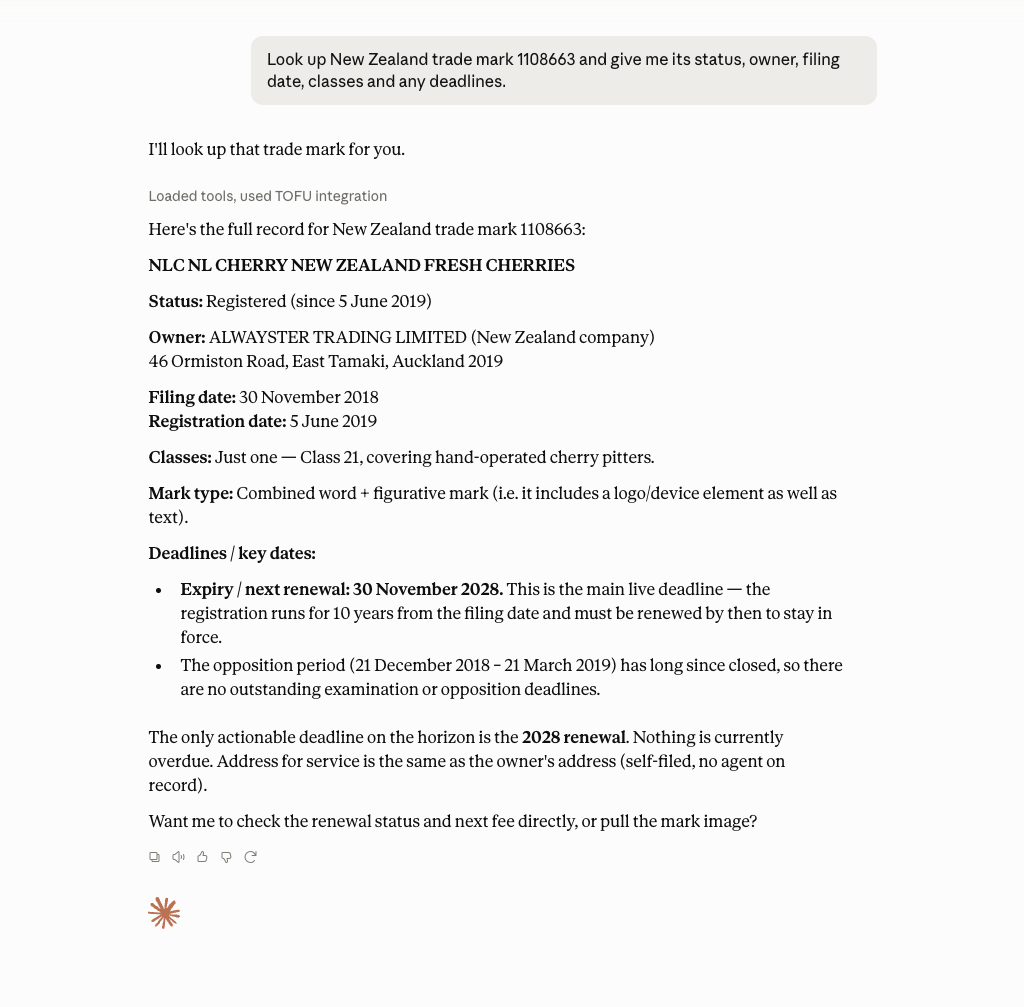 Claude's structured answer, pulled live from IPONZ via the ToFU connector
