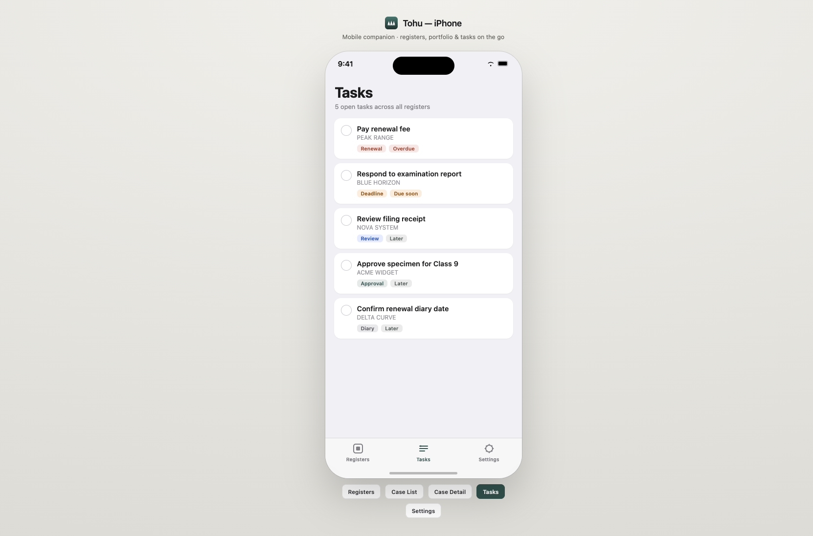 ToFU on iPhone — the Tasks screen listing renewal, examination-response and specimen tasks across a portfolio